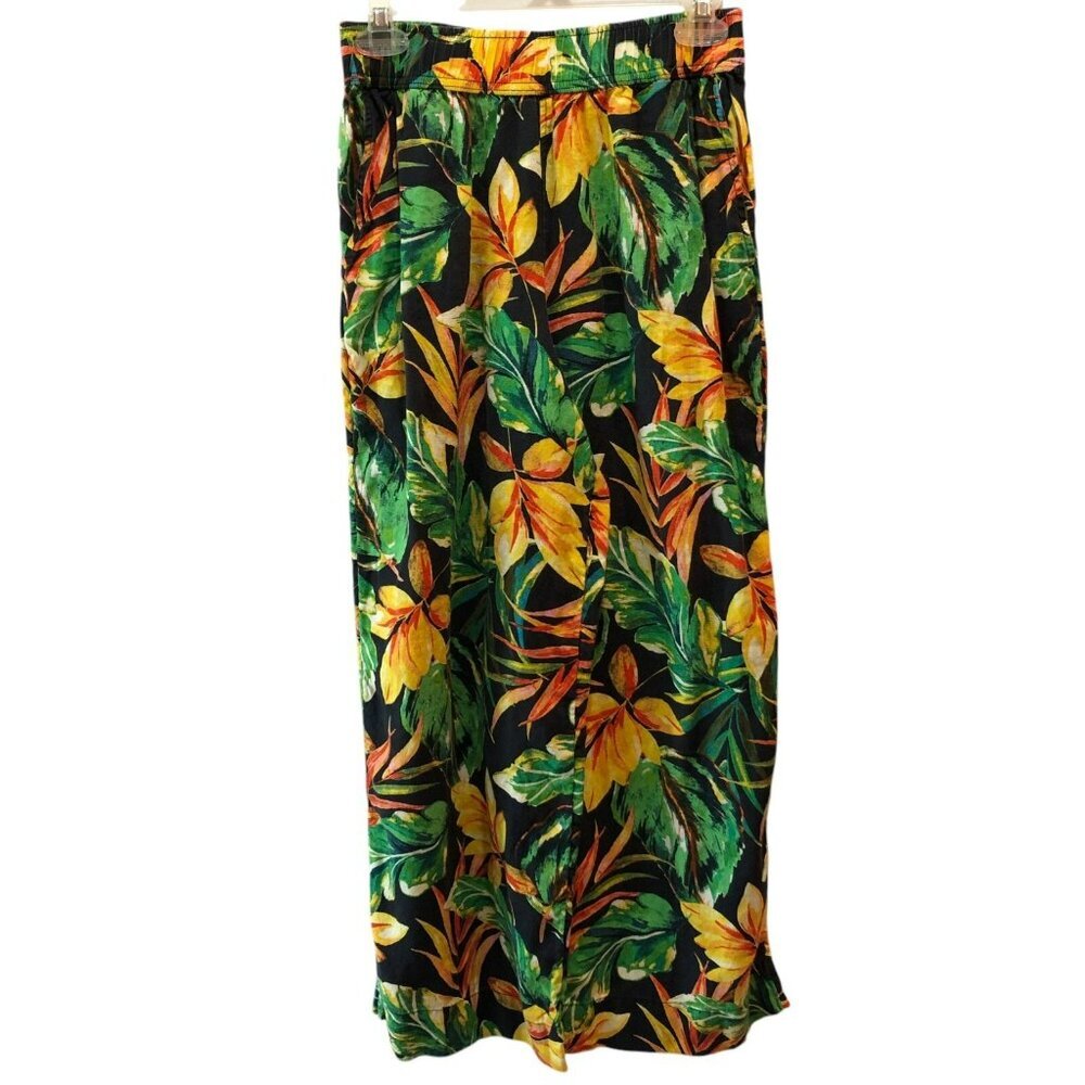 Nicole Miller Small Black Linen Tropical Floral Wide Leg Pants S Elastic Waist